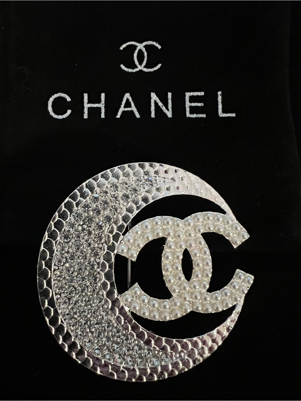 CHANEL Silver Crescent Moon CC Pearl Brooch